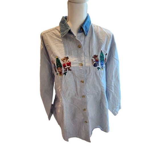 Vintage 90s Christmas Button Up Shirt 18W Denim Pin Stripe Blue Embroidered - Picture 1 of 6